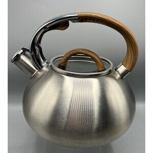 Brandani Stainless Steel Whistling Tea Kettle Faux Wood Handle Italian Design